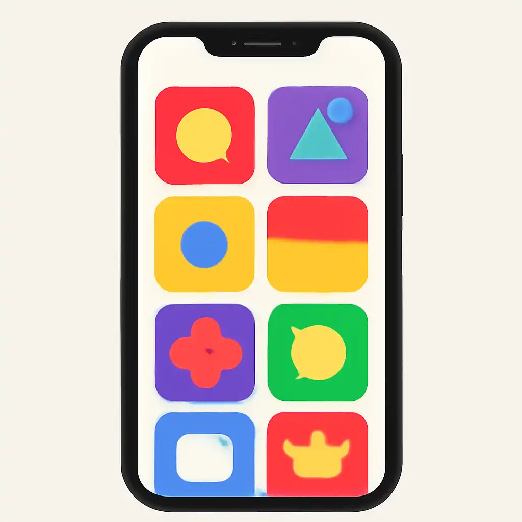 Smartphone shown from the front displaying a colourful flat layout of abstract game icons and rounded tiles (no text, no letters, no labels), 92 Game