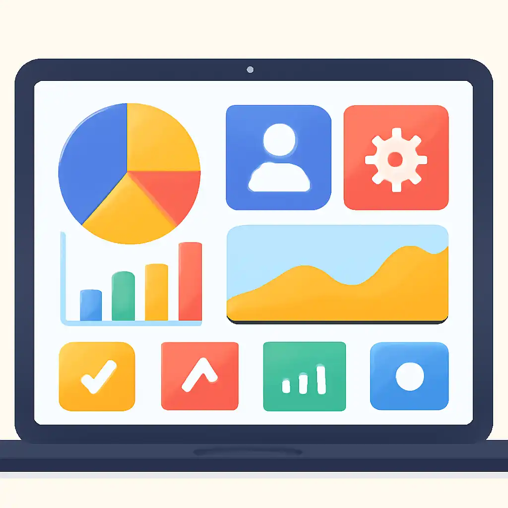Laptop shown from the front displaying a colourful flat dashboard of abstract charts, bars and icon tiles (no text, no letters, no labels), 92 Game