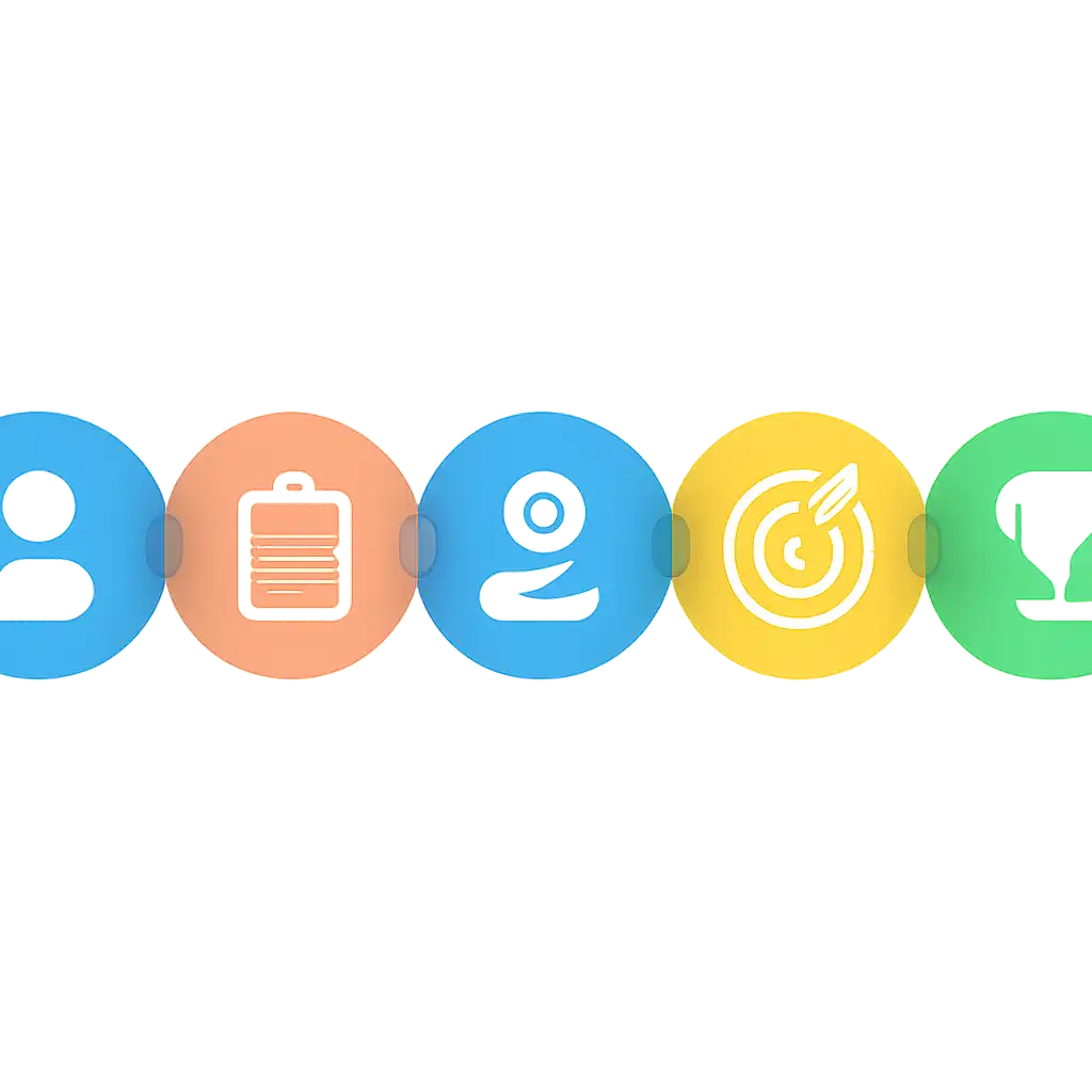 Five numbered circular icons connected by arrows in a horizontal flow, flat illustration, icons only, no words, 92 Game steps